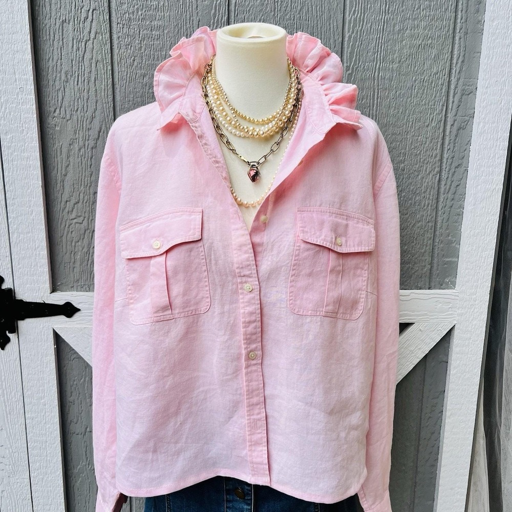 Upcycled Re-worked Lauren Ralph Lauren Shell Pink Linen Ruffle Collar Shirt XL - Picture 2 of 9